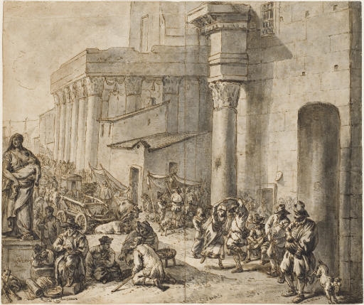 A street market behind a church, a harbor in the distance by Hendrick Verschuring, 1666
