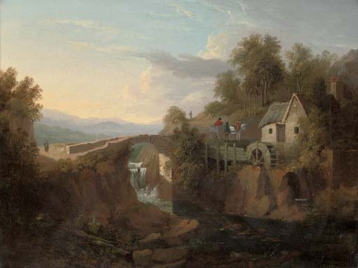 Artwork by John Bird, A wooded hilly river landscape with a watermill, and figures and a horse and cart beyond, Made of oil on canvas