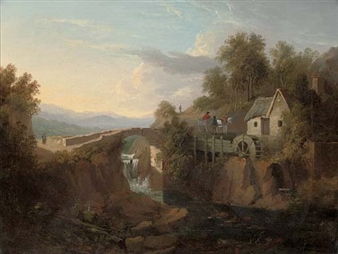 A wooded hilly river landscape with a watermill, and figures and a horse and cart beyond - John Bird