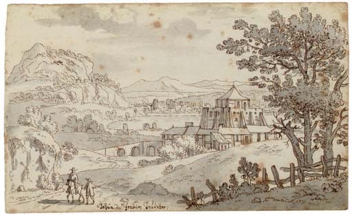 A goatherd on a path, a mountain landscape beyond; and An extensive landscape with a buttressed castle by Josua de Grave