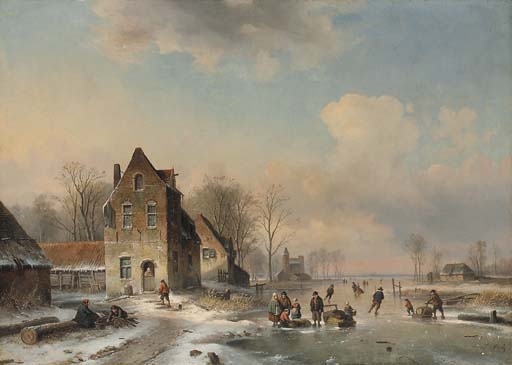 Skaters on a frozen river by Louis Smets