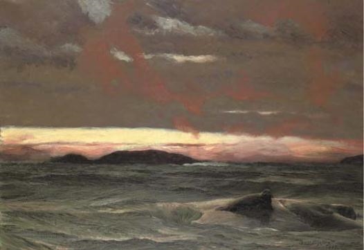 Artwork by Bruno Liljefors, A Seal Resting on a Rock at Sunset, Made of Oil on canvas