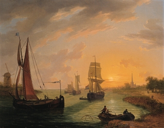 Shipping on a river at sunset - Frans Swagers