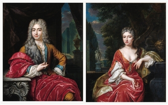 Portrait of Joan van Schuylenburch (1675-1735), seated small three quarter length on a draped terrace, wearing a blue lined yellow jacket, lace shirt, red silk wrap and a wig, a formal garden beyond; and Portrait of Elisabeth van Schuylenburch, née Hochepied (1678-1708), seated small three quarter length on a terrace by a fountain, wearing a red silk dress, lace chemise, and light green silk... - Matthys Verheijden