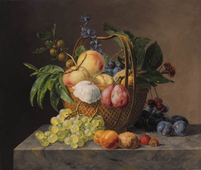 Grapes, apples, cherries, a quince, gooseberries, plums, a poppy and other flowers in a basket, and a walnut, strawberries, a marigold, plums, apricots and grapes on a marble ledge by Anthony Oberman