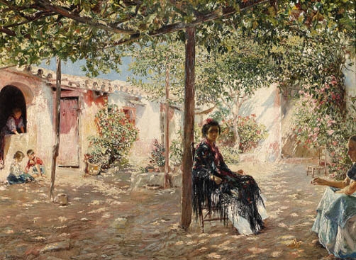 Ladies in a sun-dappled courtyard by José Gallegos y Arnosa