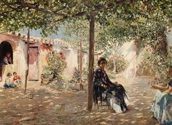 Ladies in a sun-dappled courtyard - José Gallegos y Arnosa