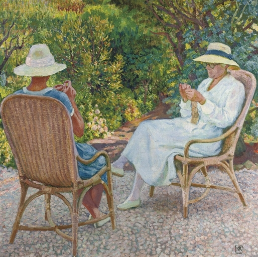 Maria et Elisabeth van Rysselberghe tricotant au jardin by Théo van Rysselberghe, 1912