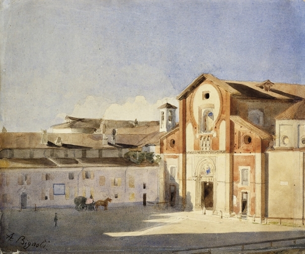 Artwork by Antonio Bignoli, Piazza San Marco, Milano, Made of pencil and watercolor on paper