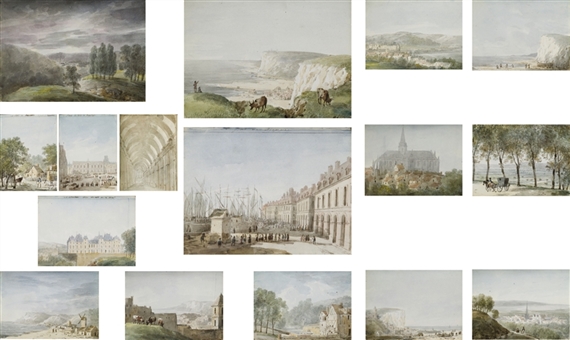 Un carnet de voyage, petit-in 8, comprenant trente dessins aquarellés et onze pages de texte parfois accompagnés de croquis et plans architecturaux. Reliure en demi-chagrin vert à coins, dos à nerfs (charnières frottées, premier plat détaché) by Pierre-François-Léonard Fontaine