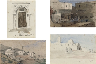 Une porte d'entrée entourée de sculptures à Alger; La mosquée de Sidi Ali ; Une porte d'entrée à Alger; Village au pied d'une colline; La place de Zula animée de personnages; et Vue de la grande mosquée d'Alger - Charles Cournault