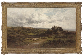 A shepherd and his flock in a summer landscape - Alfred Augustus Glendening, Sr.