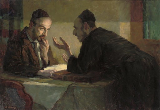 Artwork by Stanislaus Bender, Studying the Talmud by lamplight, Made of oil on canvas