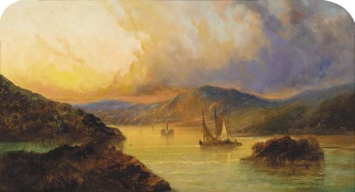 A serene seascape painting featuring a sailing ship under a dramatic, colorful sky.