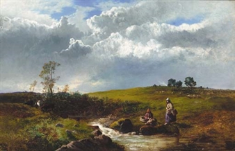 Girls resting by a stream - Charles Leslie