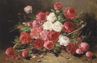 A still life of roses in a basket - Josef Klaas