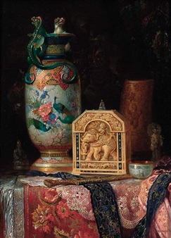 Oriental treasures on a draped table - Ludwig Augustin