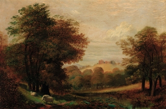 Sheep grazing in a wooded river landscape, a castle beyond - Lewis Hodgkinson