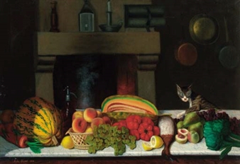 A selection of fruit and vegetables on a marble ledge in a kitchen, a cat alongside - Achille Ernest Mouret