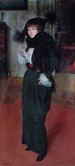 Portrait of an elegant lady, full length, in a black dress, stole and hat - A. Schuch