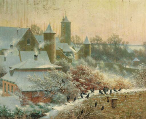 A Continental village in winter by Arthur Wasse