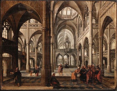 The Interior of a Gothic cathedral with Christ among the doctors by Paul Vredeman de Vries, 1607