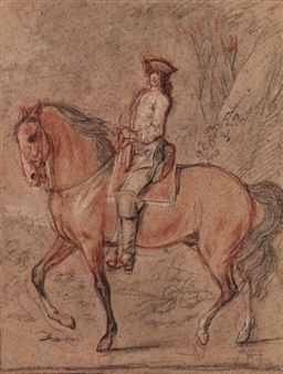 A gentleman wearing a tricorn hat on horseback in a landscape: A study for an equestrian portrait of King Louis XV - Charles Parrocel