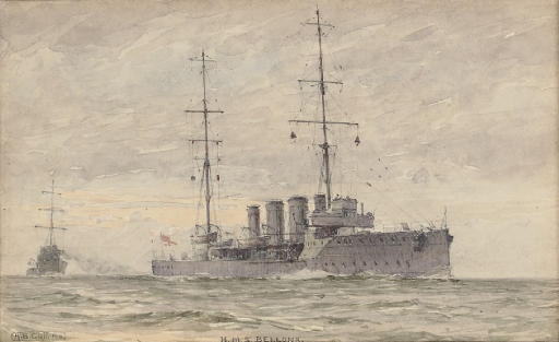 H.M.S. Bellona on exercise at sea (illustrated); and H.M.S. Indefatigable at sea by Alma Claude Burlton Cull, 1911, dated 1912
