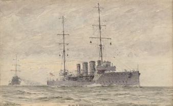 H.M.S. Bellona on exercise at sea (illustrated); and H.M.S. Indefatigable at sea - Alma Claude Burlton Cull