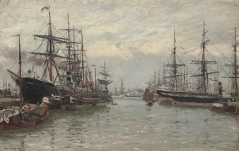 A bustling Scandinavian harbour, with the steamer Regina at the dockside - Johannes Martin Grimelund