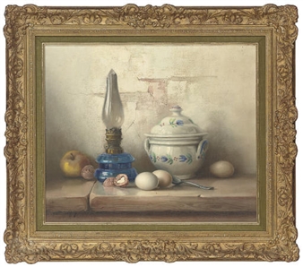 An apple, wallnuts, eggs, oil lamp and soup tureen, on a stone ledge - Robert Chailloux