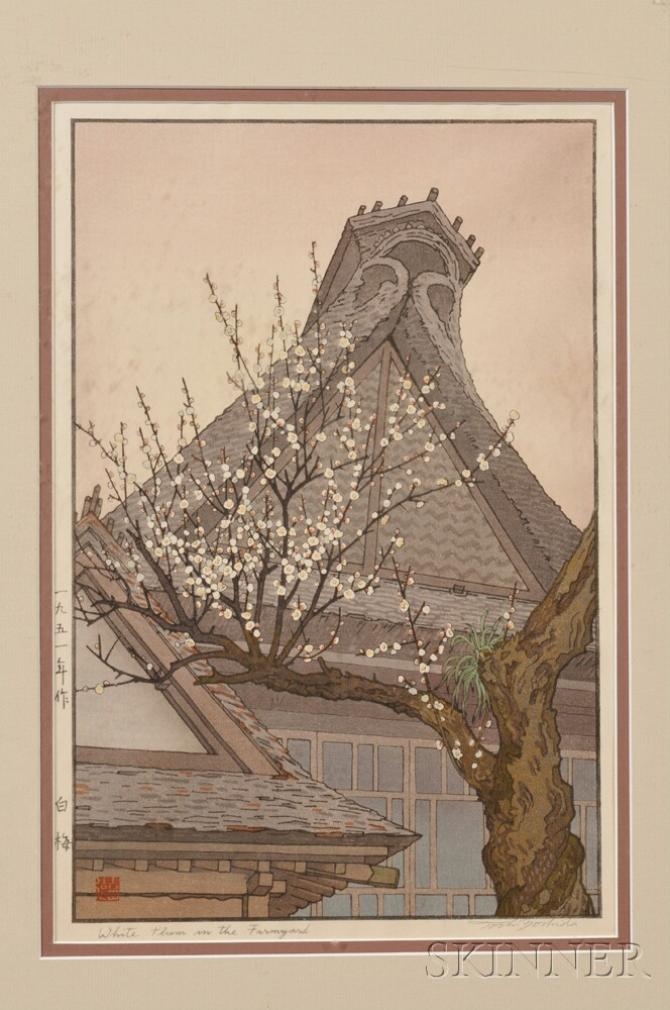 Artwork by Toshi Yoshida, White Plum in the Farmyard, Made of woodblock print