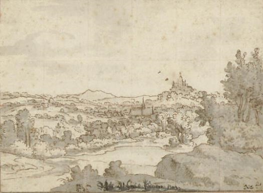 A landscape with a church and castle in the distance by Josua de Grave, 1703