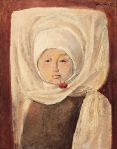 Young girl with cherries by Sever Frenţiu, 1978