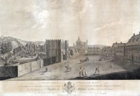 Artwork by J Kendall, Angel Hill in St Edmund's Bury, Made of Black and white engraving