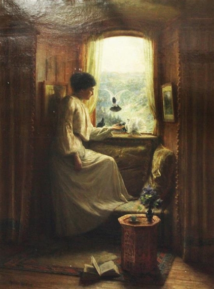 Arthur Wasse | Interior with lady feeding doves on a window sill ...
