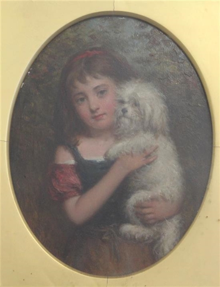 Portrait of a girl holding a white terrier by Joshua Hargrave Samms Mann