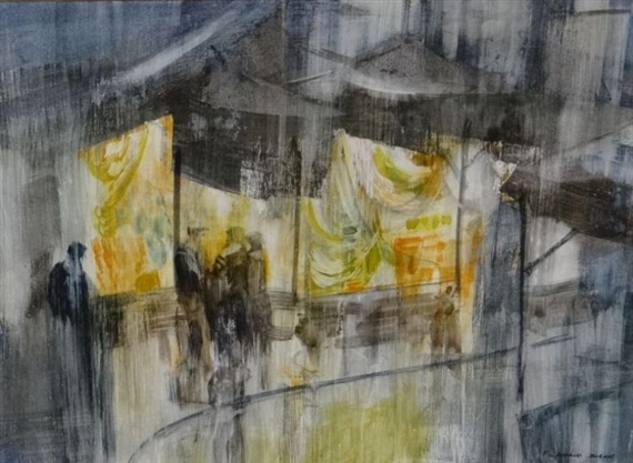 Shopping Street at Night with Figures by Fredrich Donald Blake