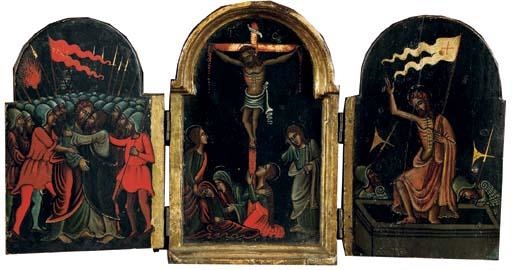 Artwork by Greco-Venetian School, 16th Century, Four works: The Crucifixion; The Betrayal of Christ; The Resurrection of Christ; The penitent Saint Jerome, Made of oil on panel