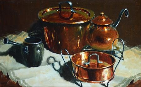 Still Life with Copper pots by Hennie Griesel