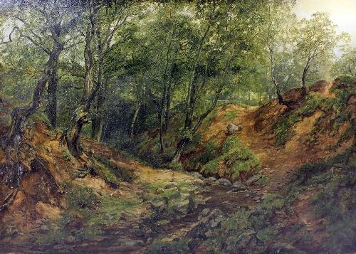 A rustic landscape painting of a forest stream winding through a wooded ravine.