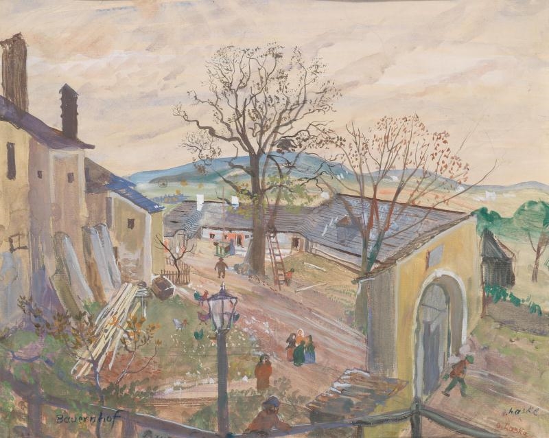 Artwork by Oskar Laske, Farmstead, Made of watercolour and gouache on paper