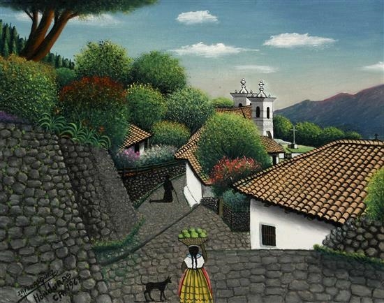 Artwork by Jose Antonio Velasquez, Village Scene, Made of Oil on canvas