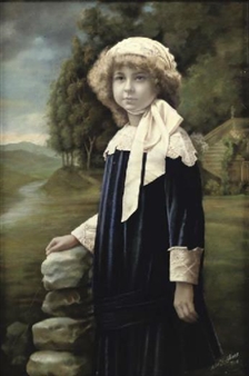 Portrait of Maria-José, Queen of Italy (1906-2001), as a young girl, three-quarter-length, in a blue dress in a landscape - A. Huybers