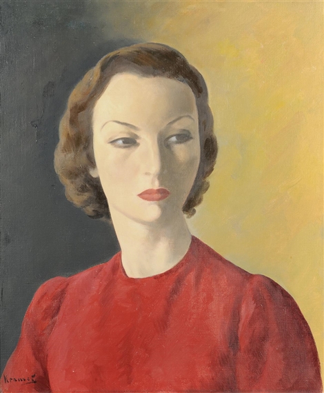 Portrait of a Young Lady, head and shoulders, wearing a red dress by Jacob Kramer