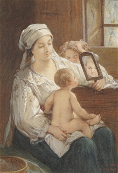 A Mother showing a Baby its Reflection, a small girl looking on - J. Gerniak