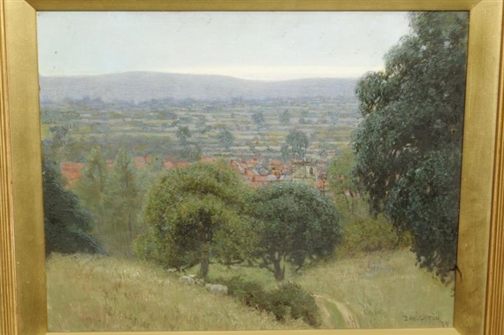 Distant Village in a Landscape by Benjamin Haughton, 1899