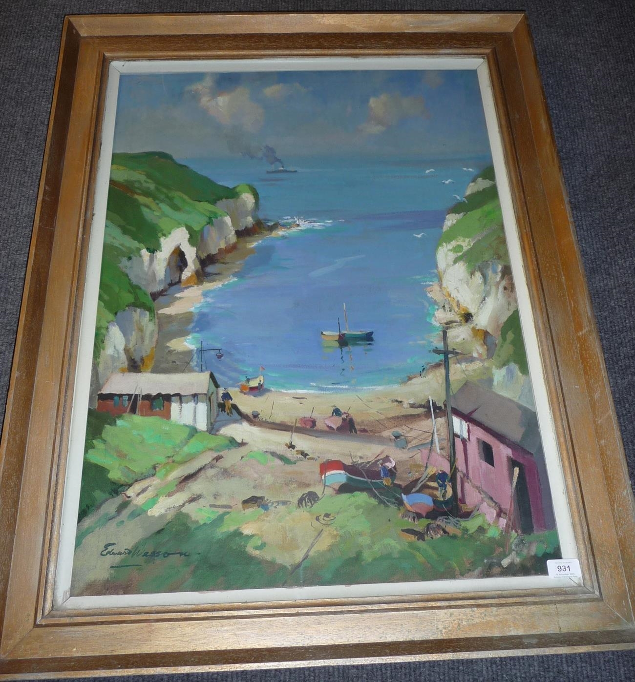 Artwork by Edward Wesson, Coastal Scene with Fishing Boats and Figures beside Huts, Made of oil on canvas