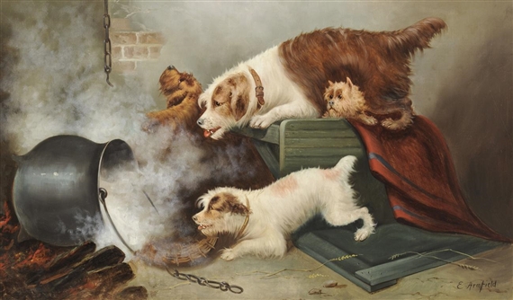 Four Terriers in an Interior, a pot of hot water falling from a fire by Edward Armfield