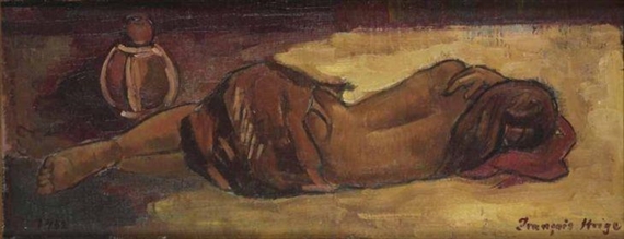 RECLINGING BUSHMAN FIGURE : STUDY FOR BASUTO VILLAGE SCENE by Francois Krige, 1962